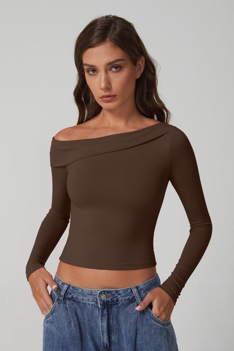 QINSEN Women's Off Shoulder Tops Long Sleeve Shirts Y2K Going Out Double-Layer Crop Top Brown XS - Image 4
