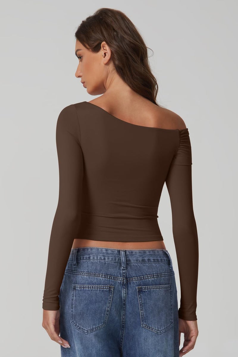 QINSEN Women's Off Shoulder Tops Long Sleeve Shirts Y2K Going Out Double-Layer Crop Top Brown XS - Image 5