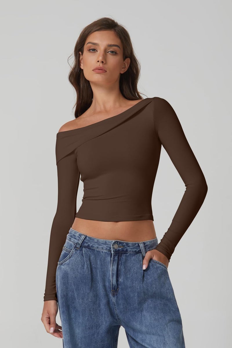 QINSEN Women's Off Shoulder Tops Long Sleeve Shirts Y2K Going Out Double-Layer Crop Top Brown XS - Image 2