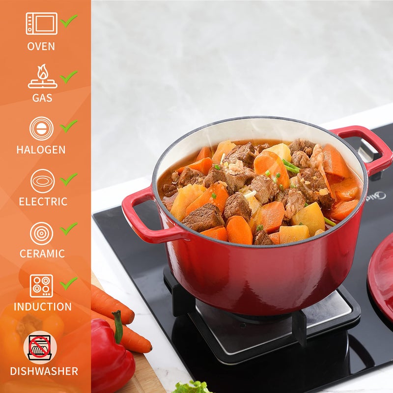 Velaze 6 QT Enameled Cast Iron Dutch Oven, Dual Handles Dutch Oven Pot with Lid,Heavy-Duty Non-stick Round Dutch Oven for Bread Baking, Stewing, Roasting, Good Sealing for All Heat Source (Red) - Image 2