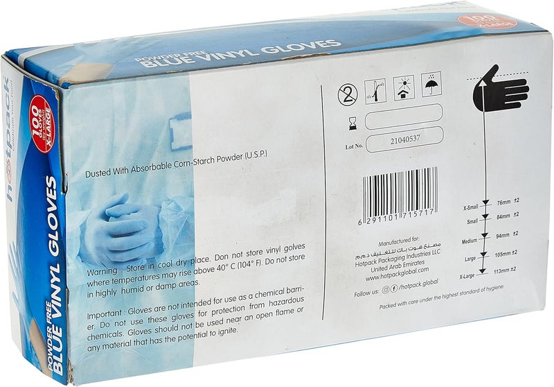 Hotpack Disposable hygienic Blue Vinyl Gloves Powder Free X-Large, Non Sterile, Food Safe, 100 Pieces - Image 3