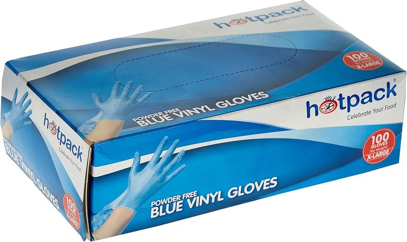 Hotpack Disposable hygienic Blue Vinyl Gloves Powder Free X-Large, Non Sterile, Food Safe, 100 Pieces - Image 1