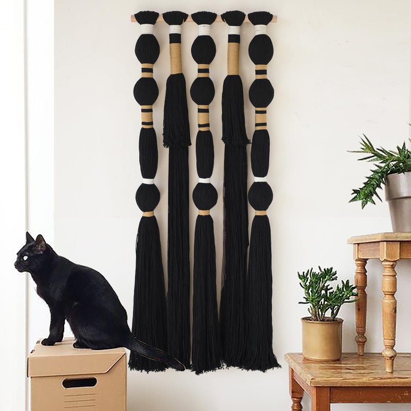 Flber Macrame Wall Hanging Black Sphericity Cotton Tassels Textile Hanging Geometric Yarn Wall Art for Bedroom Living Room Decor 15.7" W x 39" L - Image 1