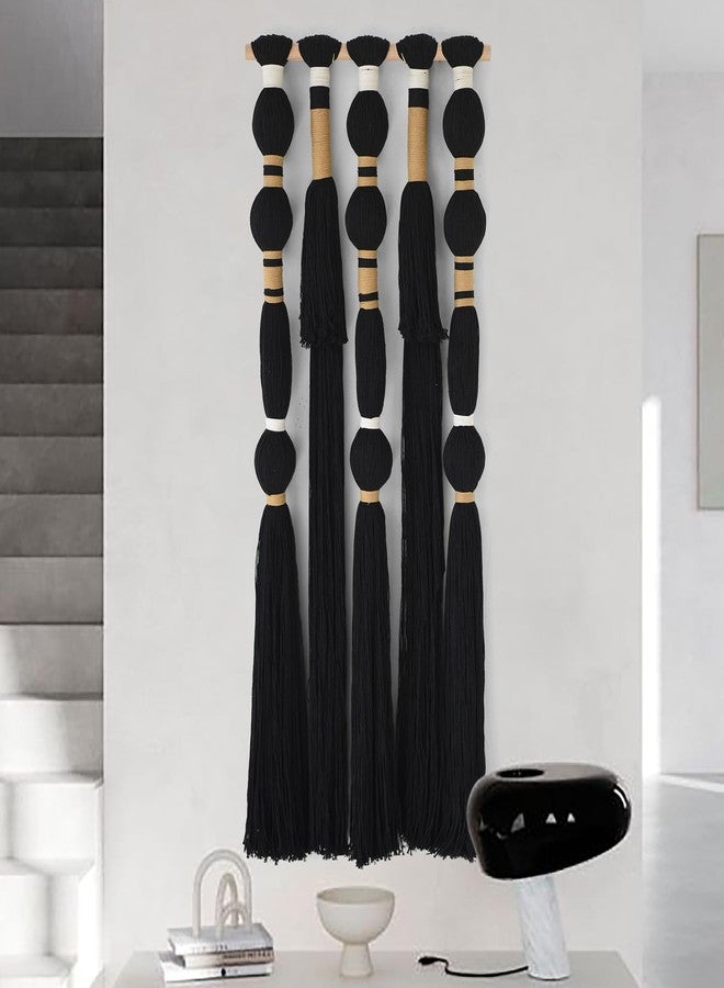 Flber Macrame Wall Hanging Black Sphericity Cotton Tassels Textile Hanging Geometric Yarn Wall Art for Bedroom Living Room Decor 15.7" W x 39" L - Image 2
