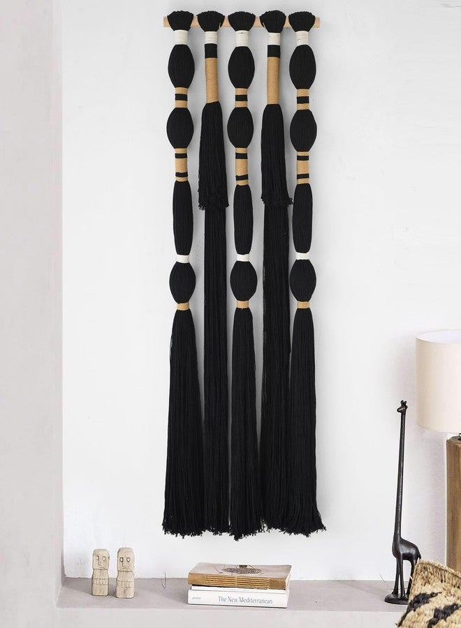 Flber Macrame Wall Hanging Black Sphericity Cotton Tassels Textile Hanging Geometric Yarn Wall Art for Bedroom Living Room Decor 15.7" W x 39" L - Image 3