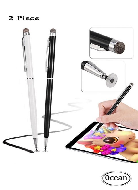 2-Piece 2 In 1 Universal Stylus Pens For Touch Screens, High Sensitive Sensitivity Precision Stylus, Capacitive Stylus With Pen Clip, For All Universal Touch Screen Devices Black/White