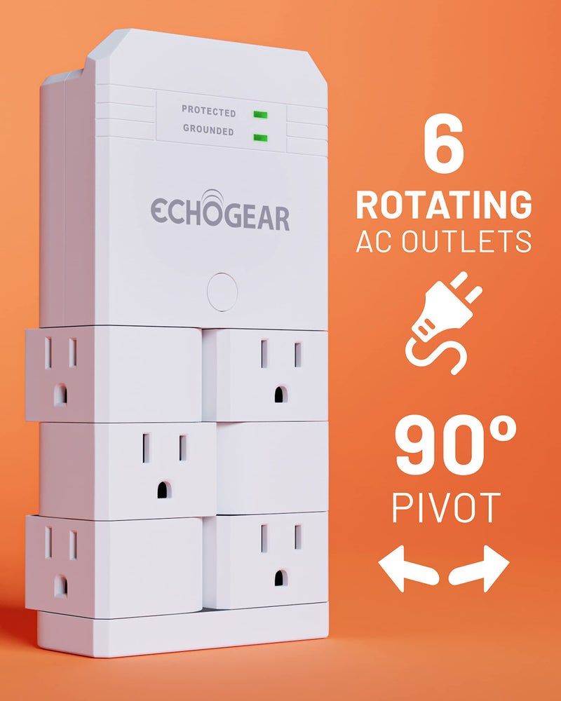 ECHOGEAR On-Wall Surge Protector with 6 Pivoting AC Outlets & 1080 Joules of Surge Protection - Low Profile Design Installs Over Existing Outlets to Protect Your Gear (White) - Image 3
