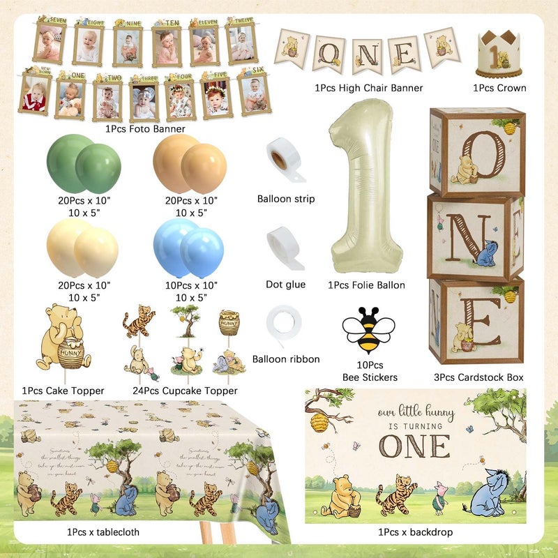 Heboland 154pcs Winnie First Birthday Decorations Party Set, Classic Pooh Bear 1st Birthday Month Banner, High Chair Banner, ONE Box, Balloon Arch, Crown, Tablecloth, Backdrop, Cake Toppers and Stickers - Image 4