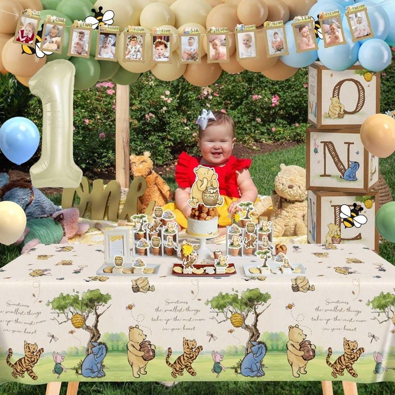 Heboland 154pcs Winnie First Birthday Decorations Party Set, Classic Pooh Bear 1st Birthday Month Banner, High Chair Banner, ONE Box, Balloon Arch, Crown, Tablecloth, Backdrop, Cake Toppers and Stickers - Image 3