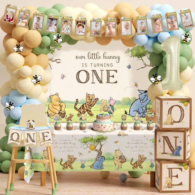 Heboland 154pcs Winnie First Birthday Decorations Party Set, Classic Pooh Bear 1st Birthday Month Banner, High Chair Banner, ONE Box, Balloon Arch, Crown, Tablecloth, Backdrop, Cake Toppers and Stickers - Image 1