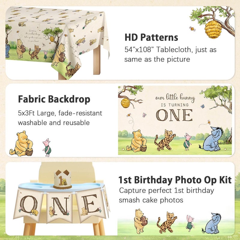 Heboland 154pcs Winnie First Birthday Decorations Party Set, Classic Pooh Bear 1st Birthday Month Banner, High Chair Banner, ONE Box, Balloon Arch, Crown, Tablecloth, Backdrop, Cake Toppers and Stickers - Image 5