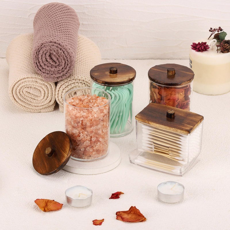 Tbestmax 4 Pack Qtip Holder Bathroom Container, 10/7oz Cotton Ball/Swabs Dispenser, Apothecary Jar with Bamboo Lids for Organizer and Storage (Brown) - Image 4