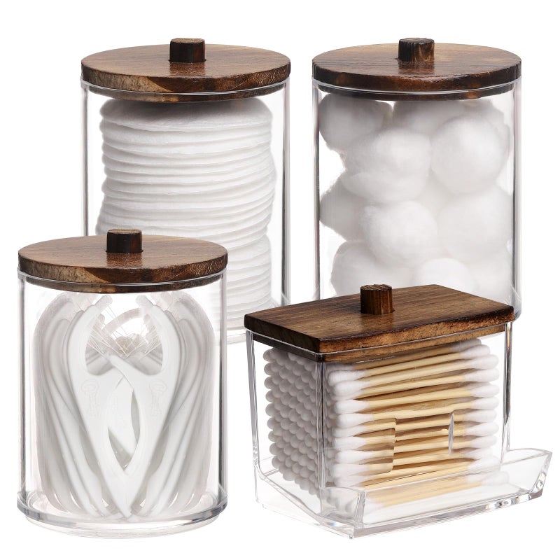 Tbestmax 4 Pack Qtip Holder Bathroom Container, 10/7oz Cotton Ball/Swabs Dispenser, Apothecary Jar with Bamboo Lids for Organizer and Storage (Brown) - Image 1
