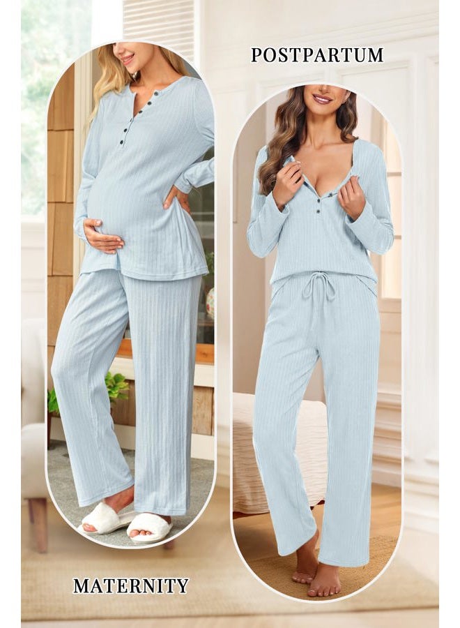 OUGES 100% Cotton Womens Maternity Nursing Pajamas Sets 2 Piece Pregnancy Delivery Postpartum Lounge Pjs with Pockets, Light Blue, L - Image 5