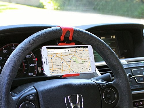 cellet Cyongear Cellet Steering Wheel Smartphone Holder Mount Clip Buckle Hands Free Stand Compatible With iPhone 12 11 XS XR X 8 Samsung Galaxy S21 S20 S10 S10e S10plus For Google Map Waze GPS Navigation, Red/Black, PHHD100 - Image 1