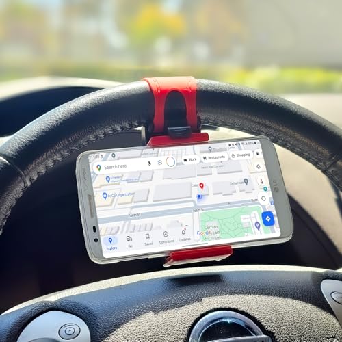 cellet Cyongear Cellet Steering Wheel Smartphone Holder Mount Clip Buckle Hands Free Stand Compatible With iPhone 12 11 XS XR X 8 Samsung Galaxy S21 S20 S10 S10e S10plus For Google Map Waze GPS Navigation, Red/Black, PHHD100 - Image 5