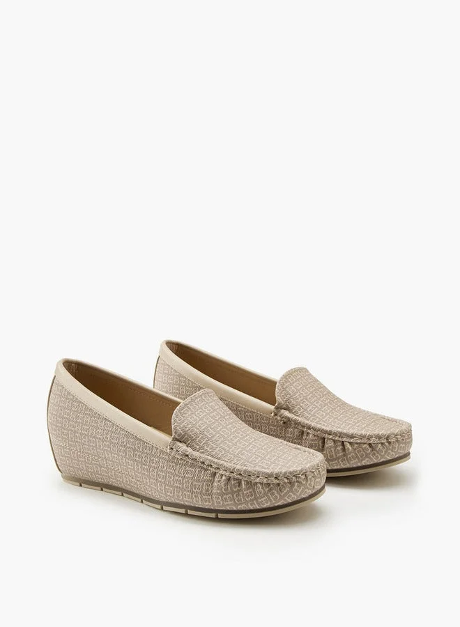 Flora Bella By Shoexpress All-Over Monogram Print Slip-On Wedge Loafers