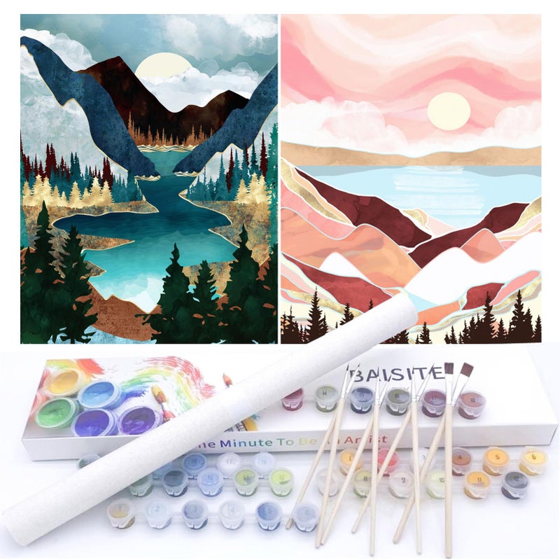 BAISITE Paint by Numbers Kit for Adults Beginners,12" Wx16 L 2 Pack Canvas for Painting Kits for Adults in Colorful Box-Sunset Lake Mountains1112 - Image 1
