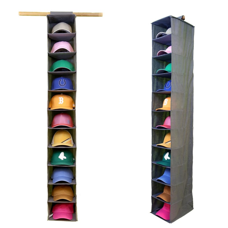 Perfect Curve 11Pocket Hanging Baseball Hat Organizer  Gray Hat Storage Rack for Closet Holds Up to 100 Caps
