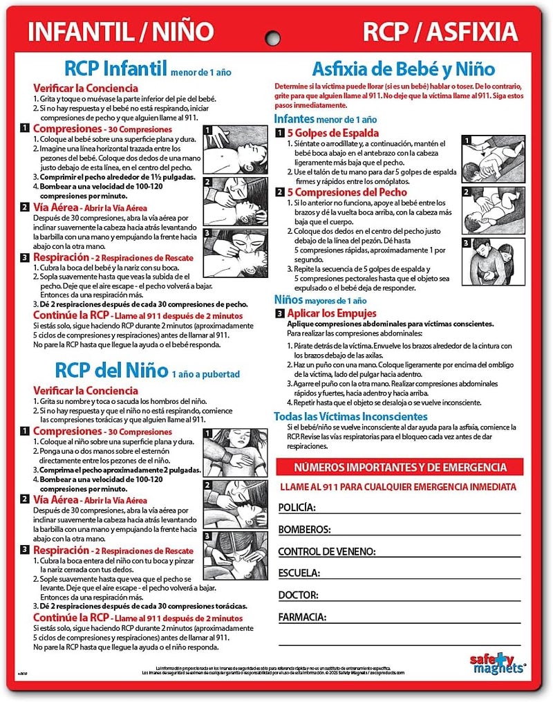 ZOCO Safety Magnets by ZOCO  Spanish CPR  Choking First Aid Magnet en Espaol  Laminated 85x11 Chart for Infants Children  Adults  Heimlich Maneuver Instructions for Home School or Workplace - Image 1