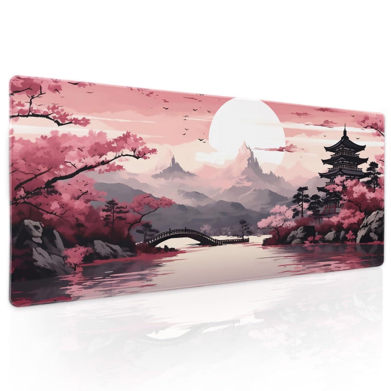 Pink Japanese Sakura Gaming Mouse Pad XL Cherry Blossom Tower Mountain Landscape Extended Large Desk Mat Big Mousepad NonSlip Rubber Base Stitched Edge Long Desk Pad for Computer Gamer315118 in