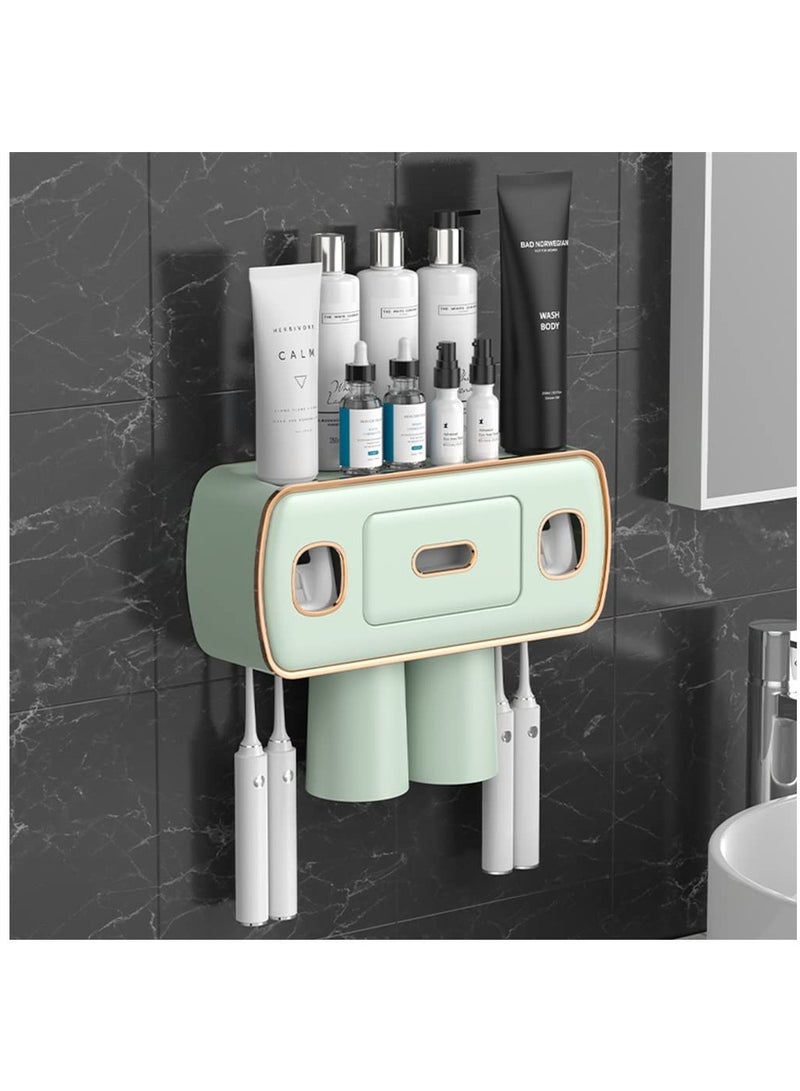 SOLARAE Toothbrush Holders for Bathrooms, 2 Cups Toothbrush Holder Wall Mounted with Toothpaste Dispenser, Large Capacity Tray, Cosmetic Drawer - Tooth Brushing Holder & Bathroom Accessories, 2 Cup, Green - Image 1