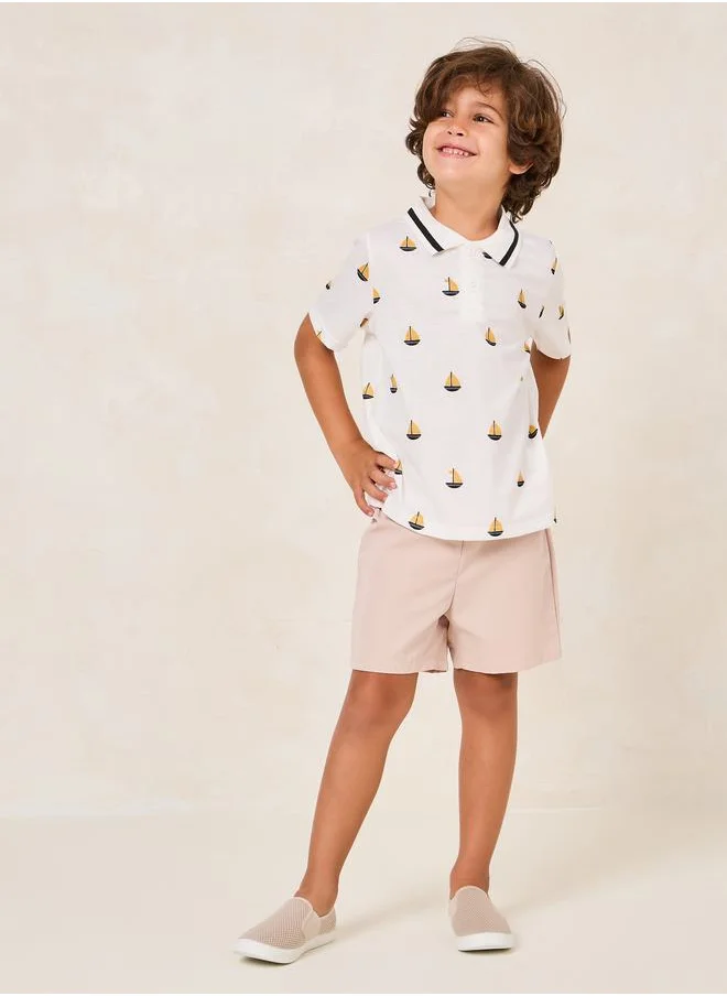 Styli Toddler Boys Striped Polo Tee & Printed Short Set