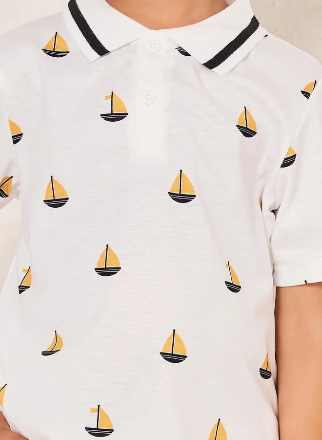 ستايلي Toddler Boys Striped Polo Tee & Printed Short Set