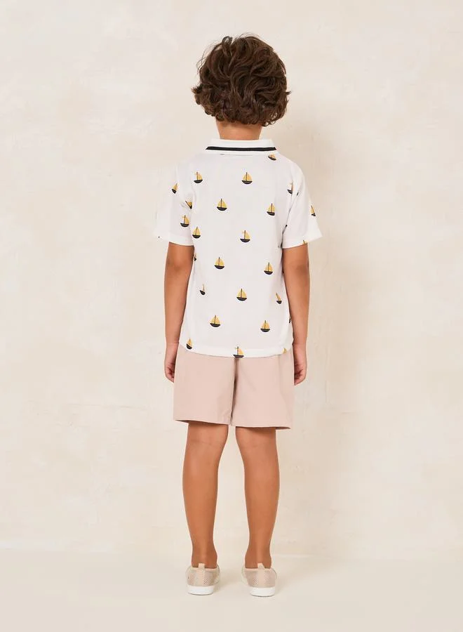 ستايلي Toddler Boys Striped Polo Tee & Printed Short Set