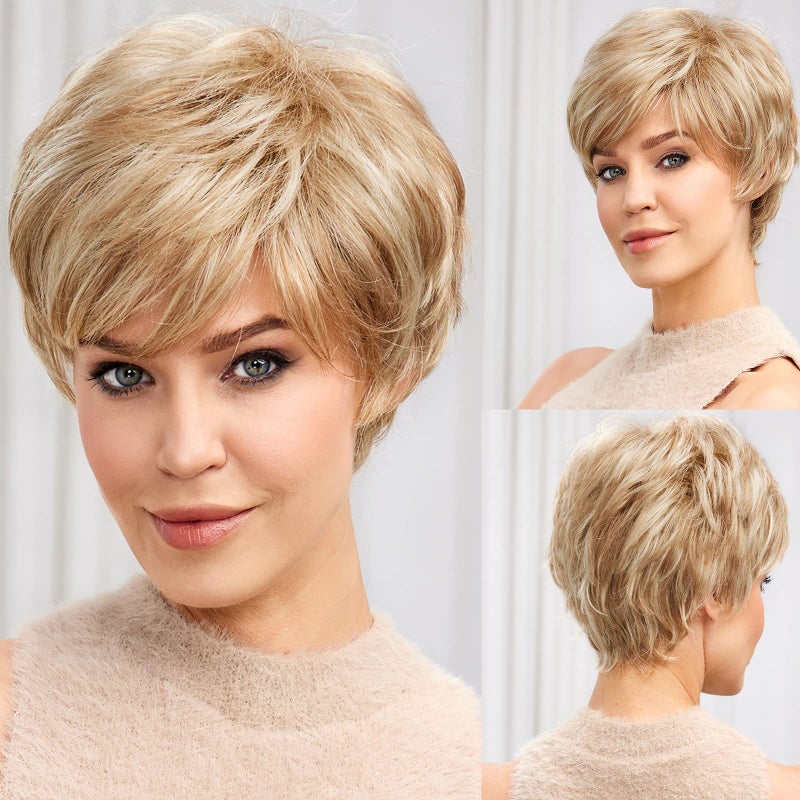 EMMOR Short Wigs for Women Memory Fiber Simulated Human Hair Pixie Curly Wig With Bang,Natural Daily Use Hair(Color 27/613# Mixed Blonde) - Image 1