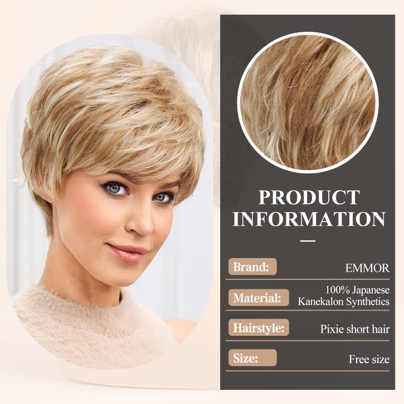 EMMOR Short Wigs for Women Memory Fiber Simulated Human Hair Pixie Curly Wig With Bang,Natural Daily Use Hair(Color 27/613# Mixed Blonde) - Image 2