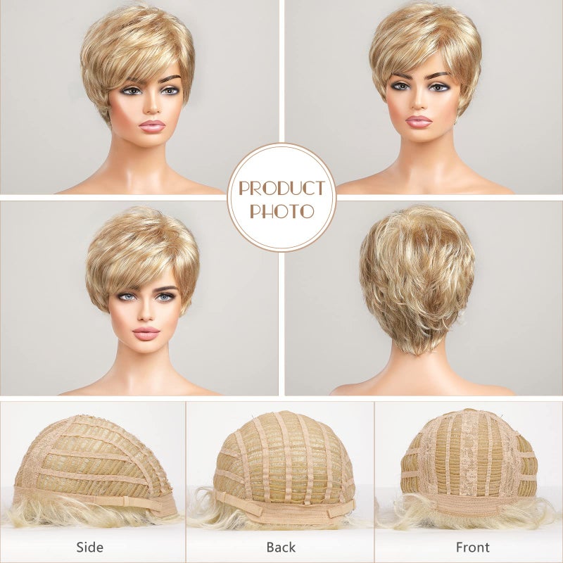 EMMOR Short Wigs for Women Memory Fiber Simulated Human Hair Pixie Curly Wig With Bang,Natural Daily Use Hair(Color 27/613# Mixed Blonde) - Image 5