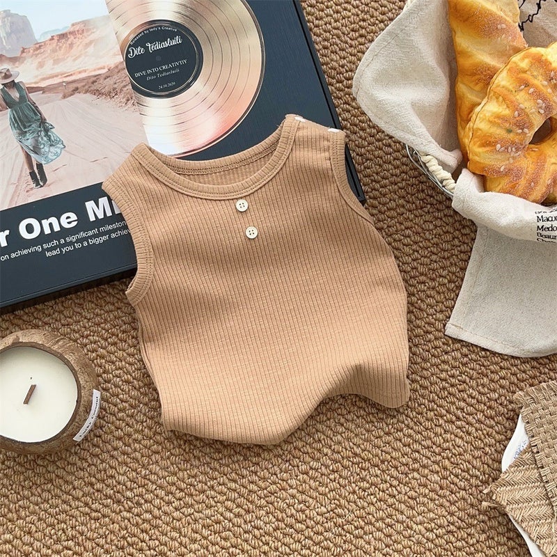 Korean Style Baby Clothes 2024 Summer New 1-3 Years Old Baby Boy Cotton Two-Piece Thin Class A Outfit V [brown sling]]