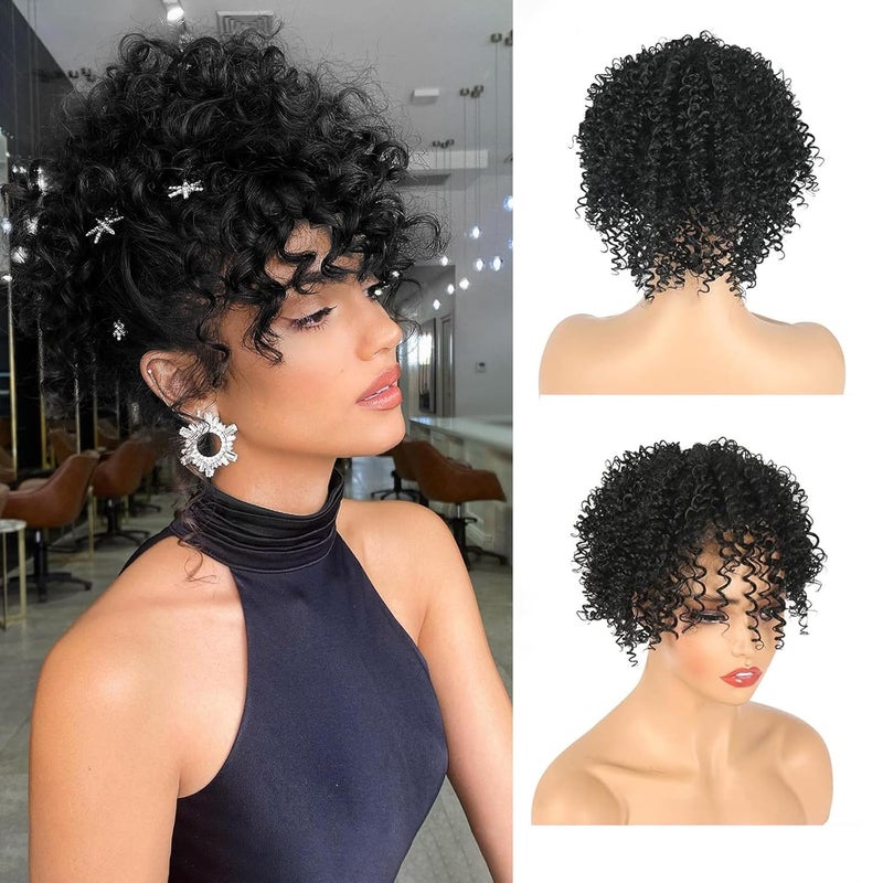 CINHOO Wiglets Hairpieces for Thinning Hair Toppers for Women with Thinning Hair Clip in Bangs Mens Hair Piece Toppers for Women Finger Coil Hair Units Afro Wigs for Women Black Curly Half Wig1B