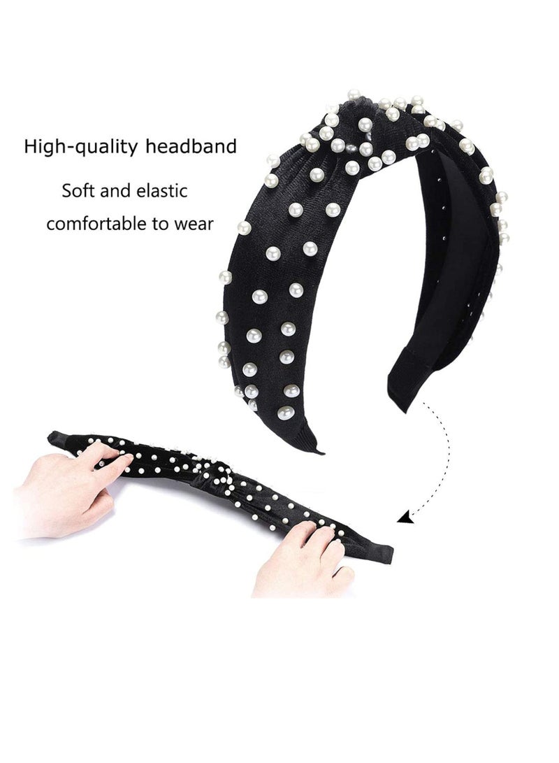 إسكدنيا 2PCS Headbands for Women, Bow Knotted Wide Headband, Yoga Hair Band Fashion Elastic Hair Accessories for Women and Girls - Comfort No Hurting (Black pearl, Beige pearl) - Image 2