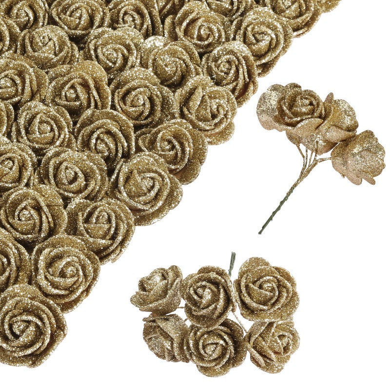 INSUNSIX Gold Roses 72pcs Mini Roses 137in Glitter Roses Gold Flowers with Stems for DIY Crafts Wedding Bouquet Home Party Decoration