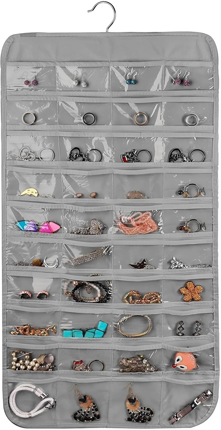 ASFUN Hanging Jewelry Organizer – 56 Double-Sided Pockets for Earrings, Necklaces, Rings & Accessories | Space-Saving Closet Jewelry Storage (Grey) - Image 1