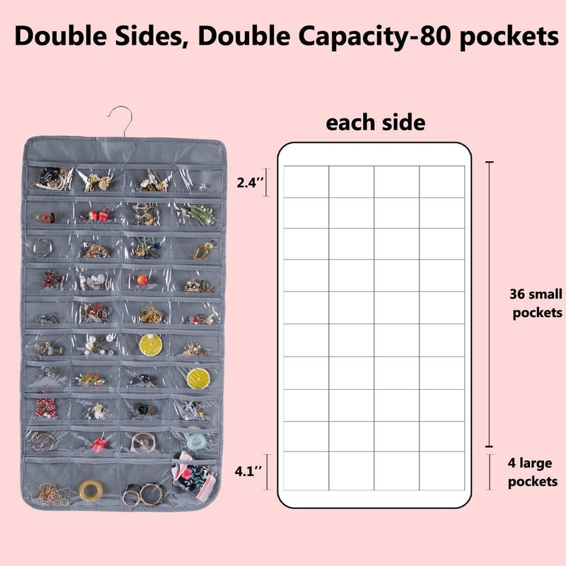 ASFUN Hanging Jewelry Organizer – 56 Double-Sided Pockets for Earrings, Necklaces, Rings & Accessories | Space-Saving Closet Jewelry Storage (Grey) - Image 2