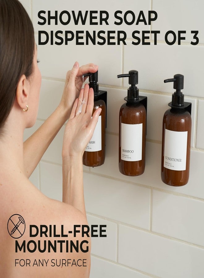 KIBAGA Stylish Shampoo and Conditioner Dispenser Set of 3 for Wall Mount - Modern Drill Free 21oz Shower Soap Bottles with Labels - Easy Refill Body Wash Dispensers for an Instant Bathroom Decor Upgrade - Image 2