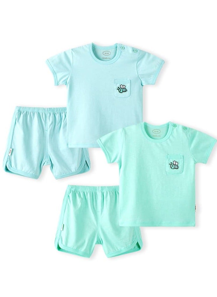 AIWANTO 2 Set Plain With Pocket Bee Design Baby Boy and Baby Girl Clothes Set Cotton T-Shirt and Shorts Lake Green & Light Blue (8-15months)