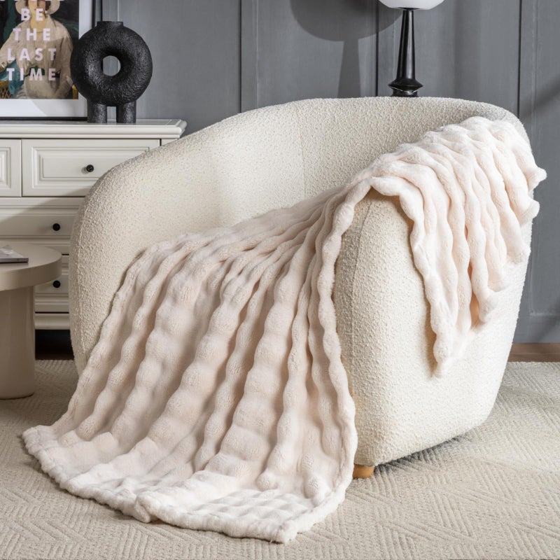 Jungle Star Off White Faux Fur Throw Blanket for Couch, Soft Fluffy Bubble Blanket for Bed Sofa, Thick Warm Plush Fuzzy Rabbit Fur Blanket for Fall and Winter, 50"X 60" - Image 5