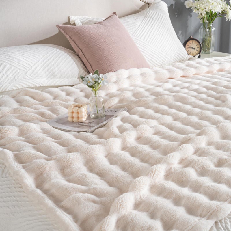 Jungle Star Off White Faux Fur Throw Blanket for Couch, Soft Fluffy Bubble Blanket for Bed Sofa, Thick Warm Plush Fuzzy Rabbit Fur Blanket for Fall and Winter, 50"X 60" - Image 2