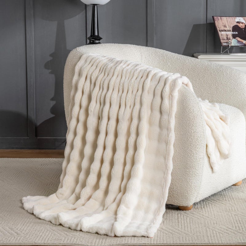Jungle Star Off White Faux Fur Throw Blanket for Couch, Soft Fluffy Bubble Blanket for Bed Sofa, Thick Warm Plush Fuzzy Rabbit Fur Blanket for Fall and Winter, 50"X 60" - Image 4