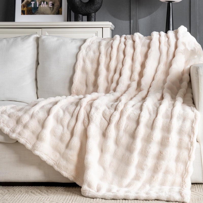 Jungle Star Off White Faux Fur Throw Blanket for Couch, Soft Fluffy Bubble Blanket for Bed Sofa, Thick Warm Plush Fuzzy Rabbit Fur Blanket for Fall and Winter, 50"X 60" - Image 1