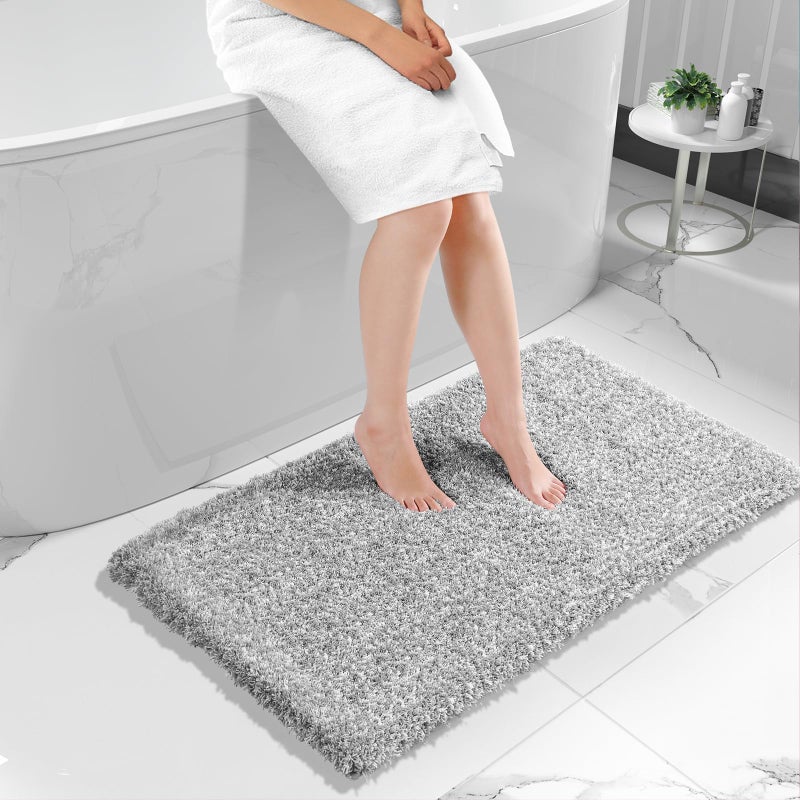 Yimobra Luxury Bathroom Rugs  Fluffy Bath Mats  Non Slip  Water Absorbent Microfiber  Machine Washable  Plush Runner Shower Rugs  Thick Matts for Bathroom Floor&Tub  47""x 24""  Light Gray and White - Image 1
