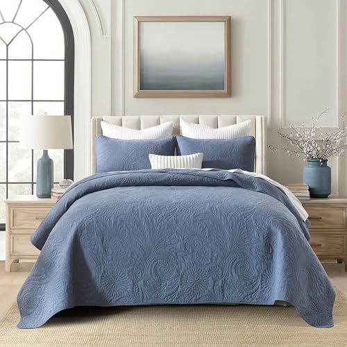 AJOCCI Cotton King Size Comforter Set，Solid Quilt Set Retro Blue Bedding，Paisley Bedspreads，Soft Cotton Quilt Solid Color Lightweight Bedspread All Seasons 3 Piece - Image 1