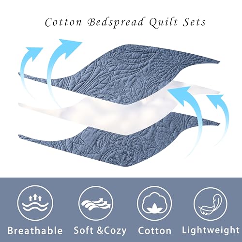 AJOCCI Cotton King Size Comforter Set，Solid Quilt Set Retro Blue Bedding，Paisley Bedspreads，Soft Cotton Quilt Solid Color Lightweight Bedspread All Seasons 3 Piece - Image 5