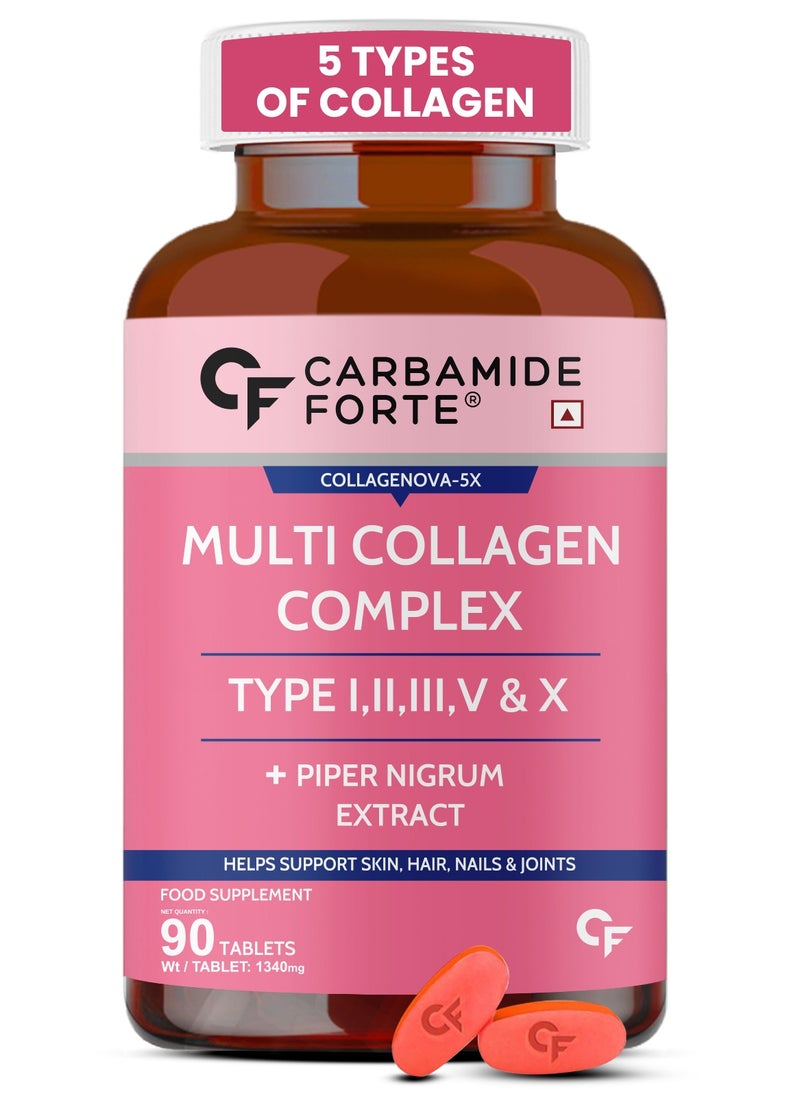 CARBAMIDE FORTE Hydrolyzed Multi Collagen | Peptide with all 5 Types of Collagen Including TYPE I, II, III, V & X Collagen Powder - 90 Tablets  - Image 1