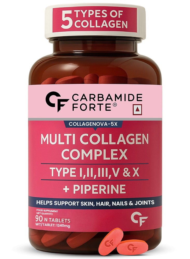 كارباميد فورتي كولاجين متعدد مُحلل | ببتيد يحتوي على جميع أنواع الكولاجين الخمسة، بما في ذلك مسحوق الكولاجين من النوع الأول والثاني والثالث والخامس والعاشر - 90 قرصًا - Image 1