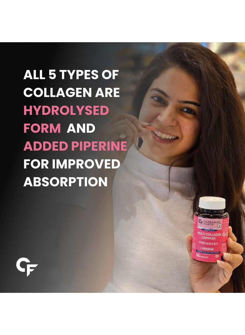 CARBAMIDE FORTE - Hydrolyzed Multi Collagen | Peptide with all 5 Types of Collagen Including TYPE I, II, III, V & X Collagen Powder - 90 Tablets - Image 1